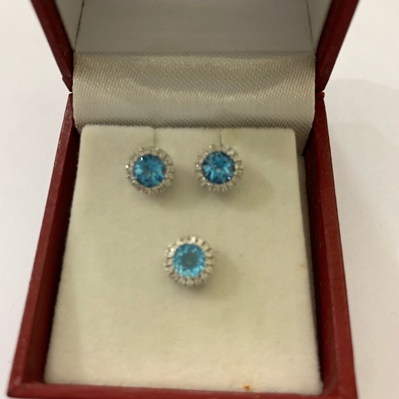 14k White Gold with Blue Topaz and Diamond Earrings - Picture 5 of 7